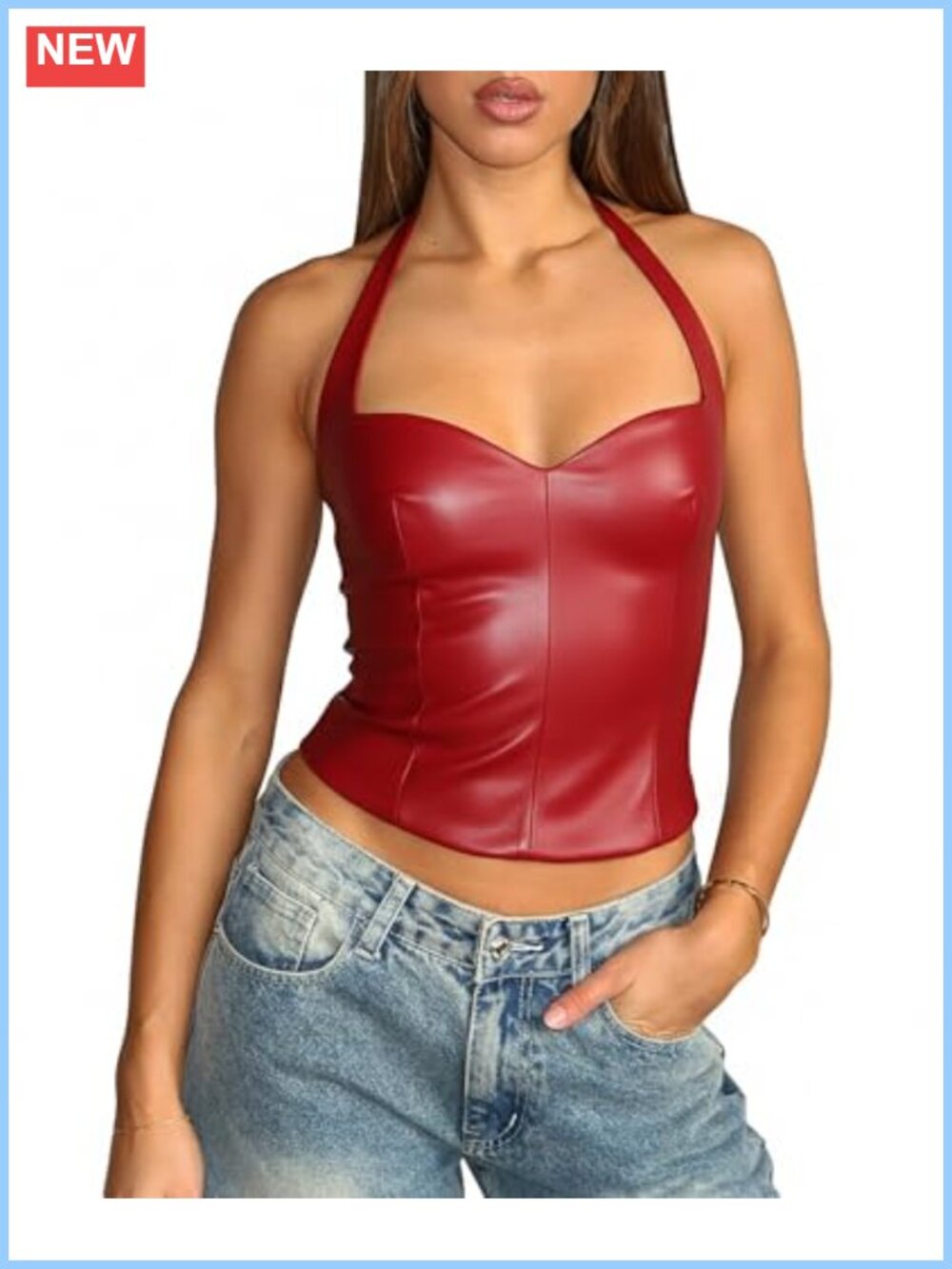 Faux Leather Halter Top Sweetheart Neckline Backless Crop Club Party